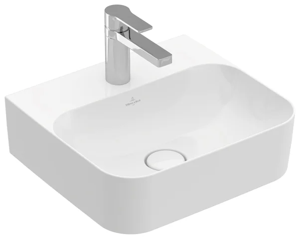Villeroy & Boch Handwaschbecken aus TitanCeram geschliffen „Finion“ 430 × 390 × 140 mm, mit Hahnlochbohrung, Hahnlochposition mittig in Weiß Alpin, mit CeramicPlus