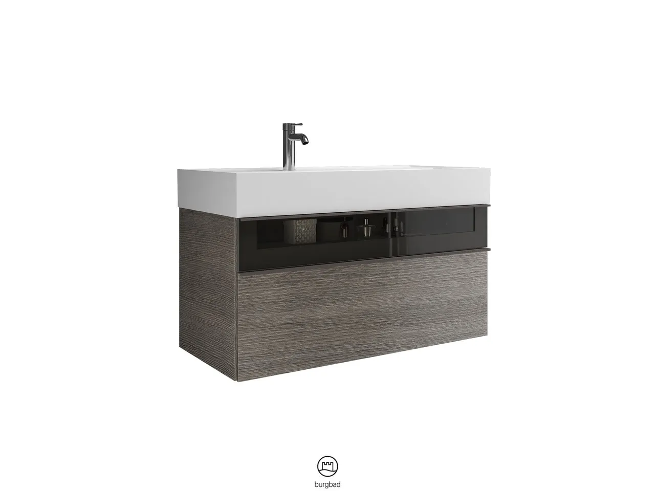 Mi-Waschtisch inkl. WTU Yumo von burgbad – Mineralguss, 470x1015x610 mm, 1 Schublade, 1 Auszug, Rauchglaseinsatz Mi-Waschtisch inkl. WTU Yumo von burgbad – Mineralguss, 470x1015x610 mm, 1 Schublade, 1 Auszug, Rauchglaseinsatz
