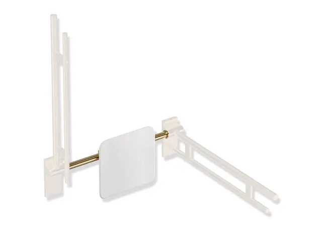 Rückenstütze des Systems 900, Anbindung aus Edelstahl, PVD, Lehne aus Kunststoff, weiß, Achsmaß von 588 bis 688 mm bauseits verstellbar, T: 150 mm, Montage an Stützklappgriffen, Design (A) des Systems 900, in Farbe CK (messing glänzend) Rückenstütze des Systems 900, Anbindung aus Edelstahl, PVD, Lehne aus Kunststoff, weiß, Achsmaß von 588 bis 688 mm bauseits verstellbar, T: 150 mm, Montage an Stützklappgriffen, Design (A) des Systems 900, in Farbe CK (messing glänzend)