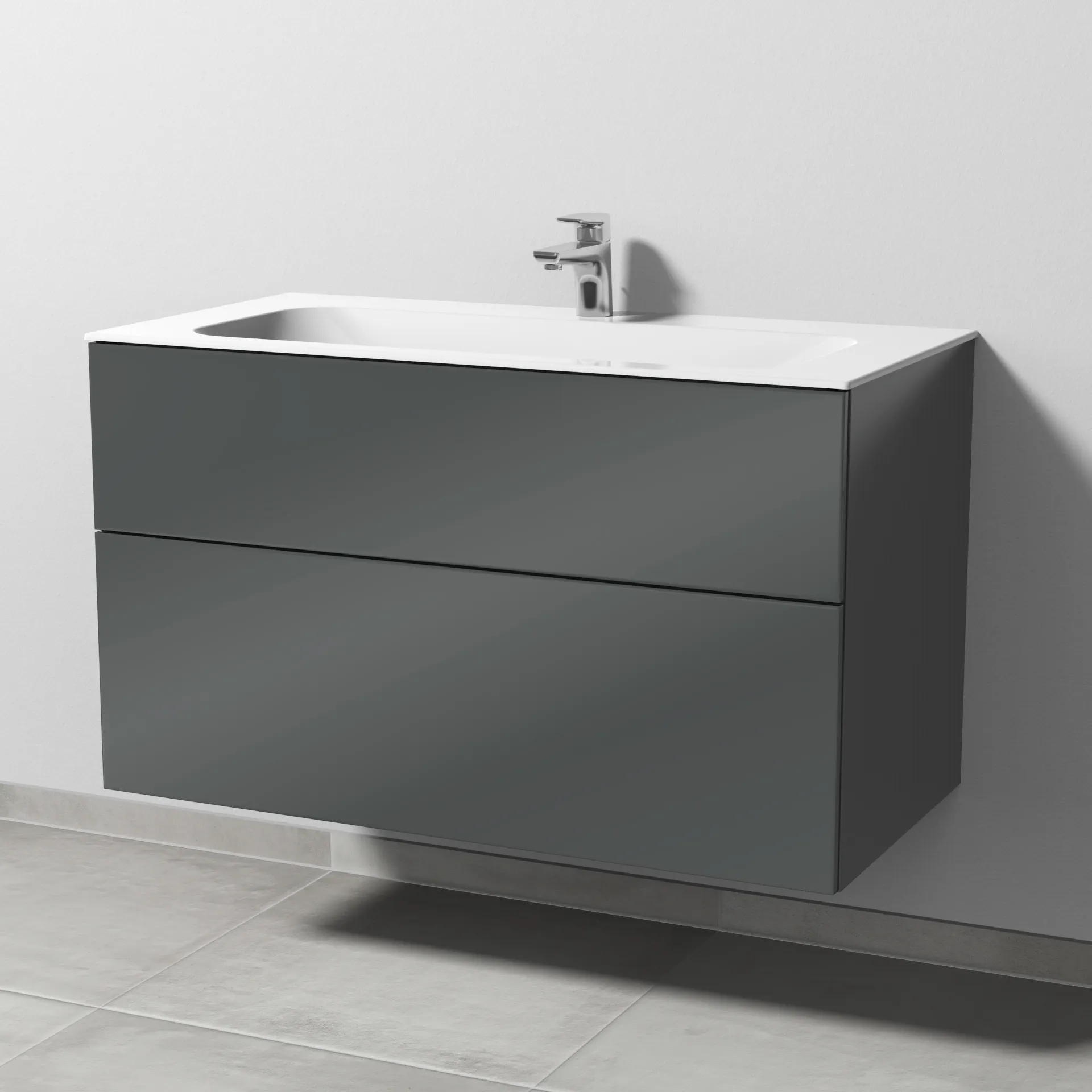 Keramik-Waschtisch-Set mit Waschtischunterschrank „3way“ 99 × 49,7 × 58,2 cm in Anthrazit (glanz), mit Hahnlochbohrung, Becken mittig Keramik-Waschtisch-Set mit Waschtischunterschrank „3way“ 99 × 49,7 × 58,2 cm in Anthrazit (glanz), mit Hahnlochbohrung, Becken mittig