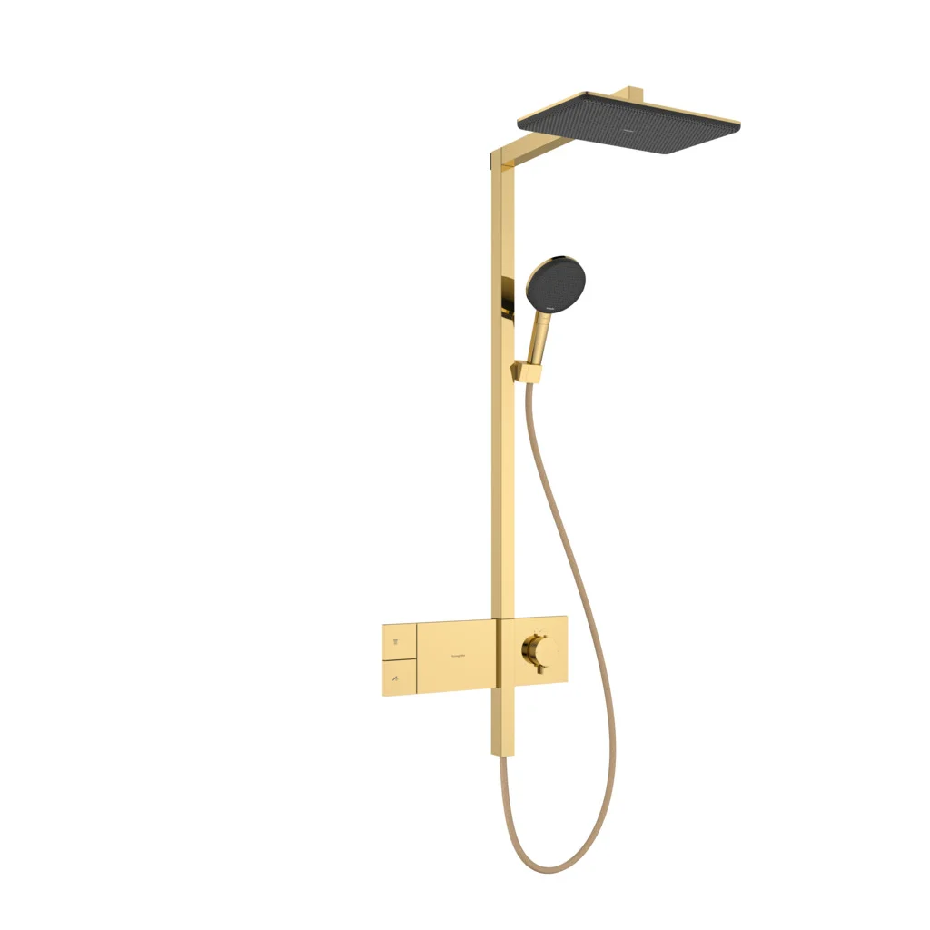 Hansgrohe Raindance Alive Q Showerpipe 210/340 1jet mit Thermostat PGO, Polished Gold Optic, 214 x 343 mm Brausekopfgröße, Aufputzinstallation