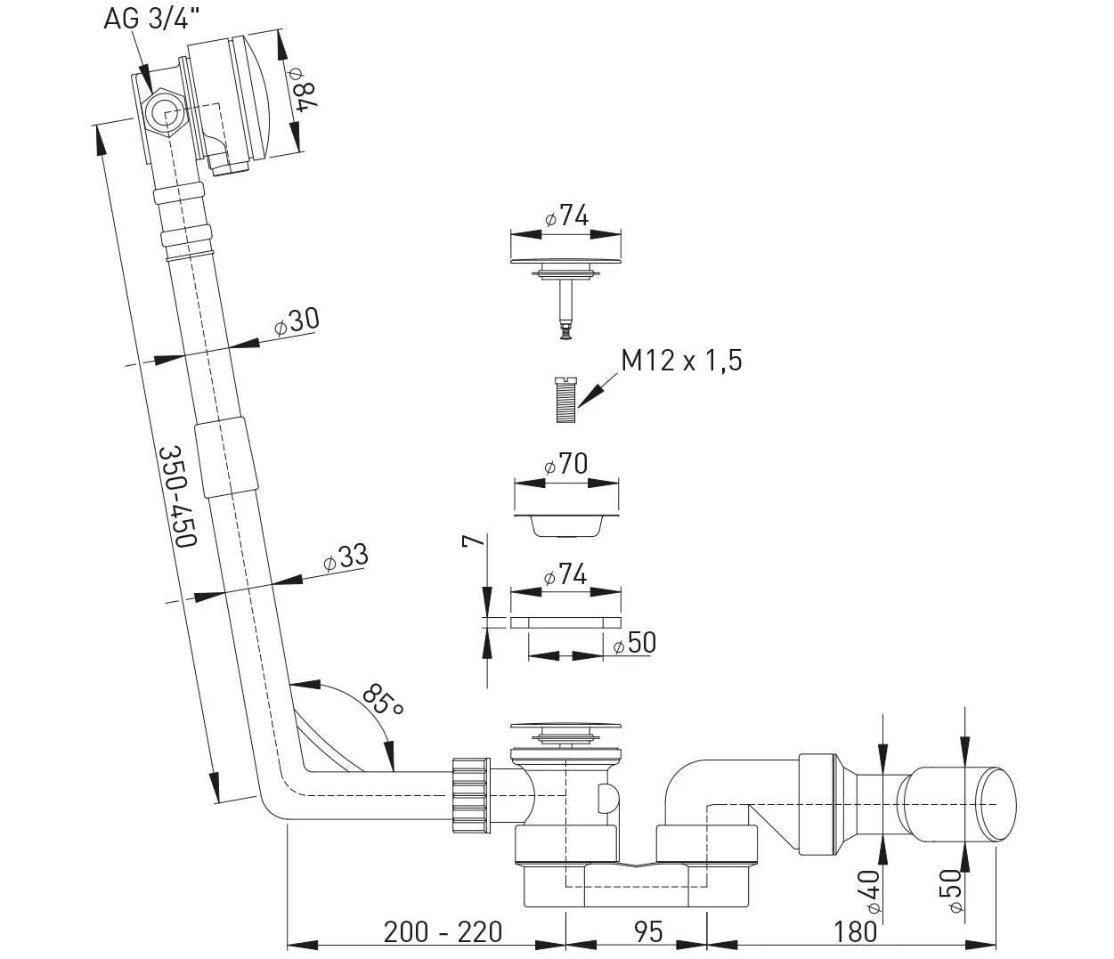 Ablaufgarnitur MWT,m. Wasserzulauf in der Überlaufrosette, für Normalbadewanne Ablaufgarnitur MWT,m. Wasserzulauf in der Überlaufrosette, für Normalbadewanne