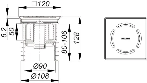 Bodenablauf PRONTO Primus, DN 100, 120 x 120 mm
