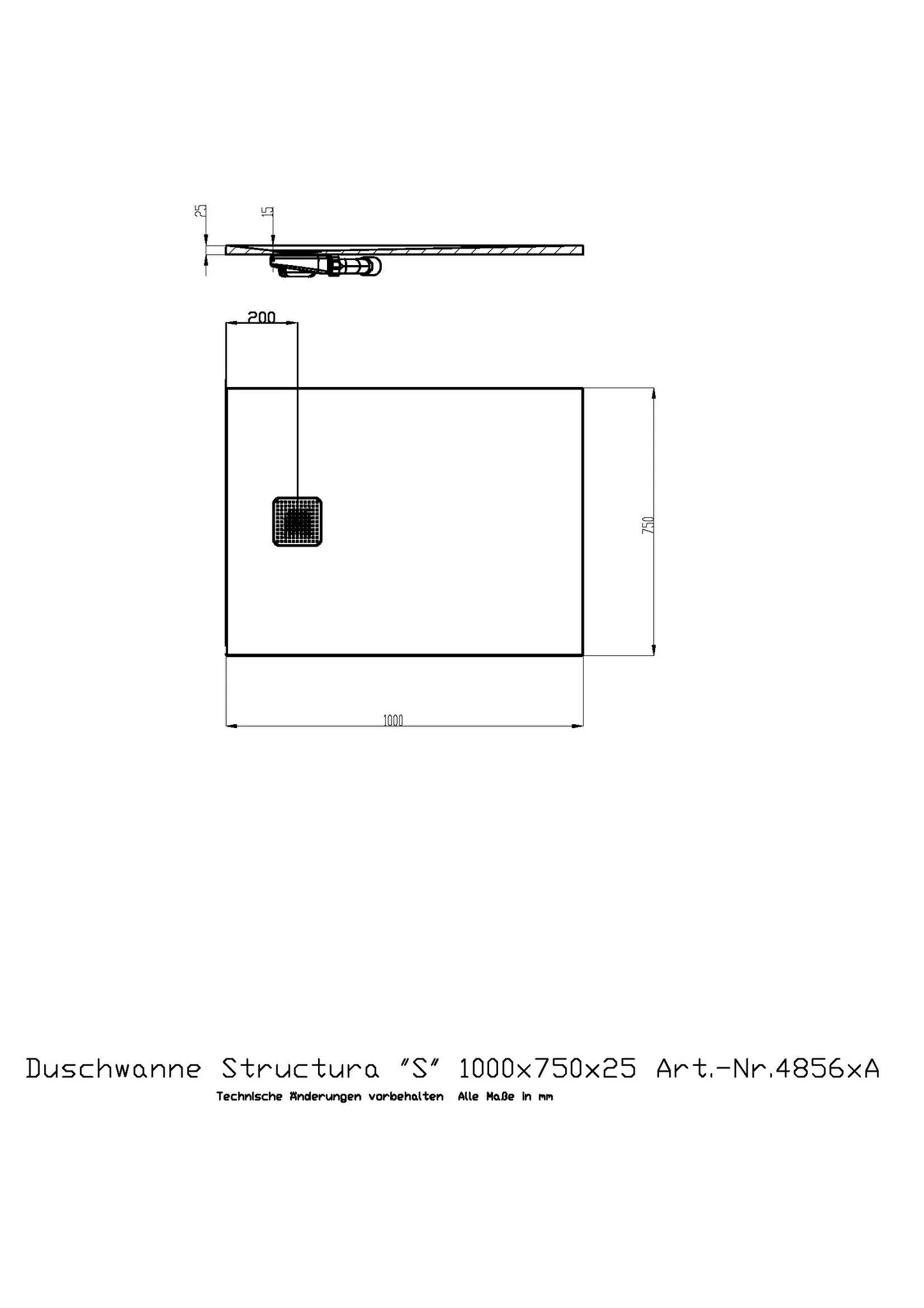 Duschwanne Structura ″S″ 1000x750x25 in gesoftete Schieferoptik, mit Antirutsch B, Material Solique, Weiß