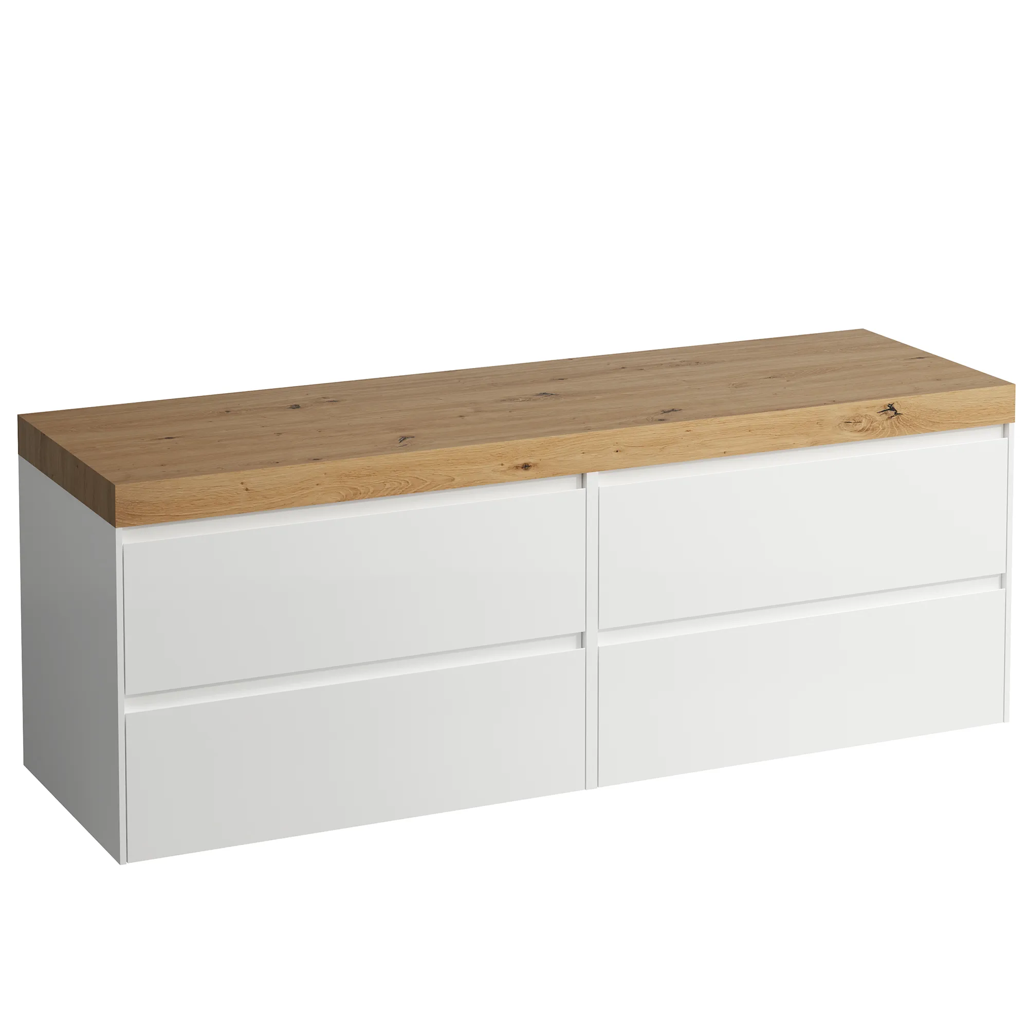 Waschtischunterbau+Waschtischplatte (MODULAR SYSTEM) LANI 495x1570x580 ohne Ausschnitt Abdeckplatte 65 mm (Farbe: .267 wildeiche), mit 4 Schubladen (800 mm links + 800 mm rechts) integrierter Griffleiste Vollauszug und Soft-Close weiß matt