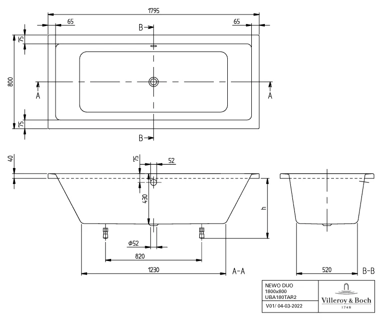 Villeroy & Boch Badewanne „Newo“ rechteck 180 × 80 cm in Weiß Alpin Villeroy & Boch Badewanne „Newo“ rechteck 180 × 80 cm in Weiß Alpin