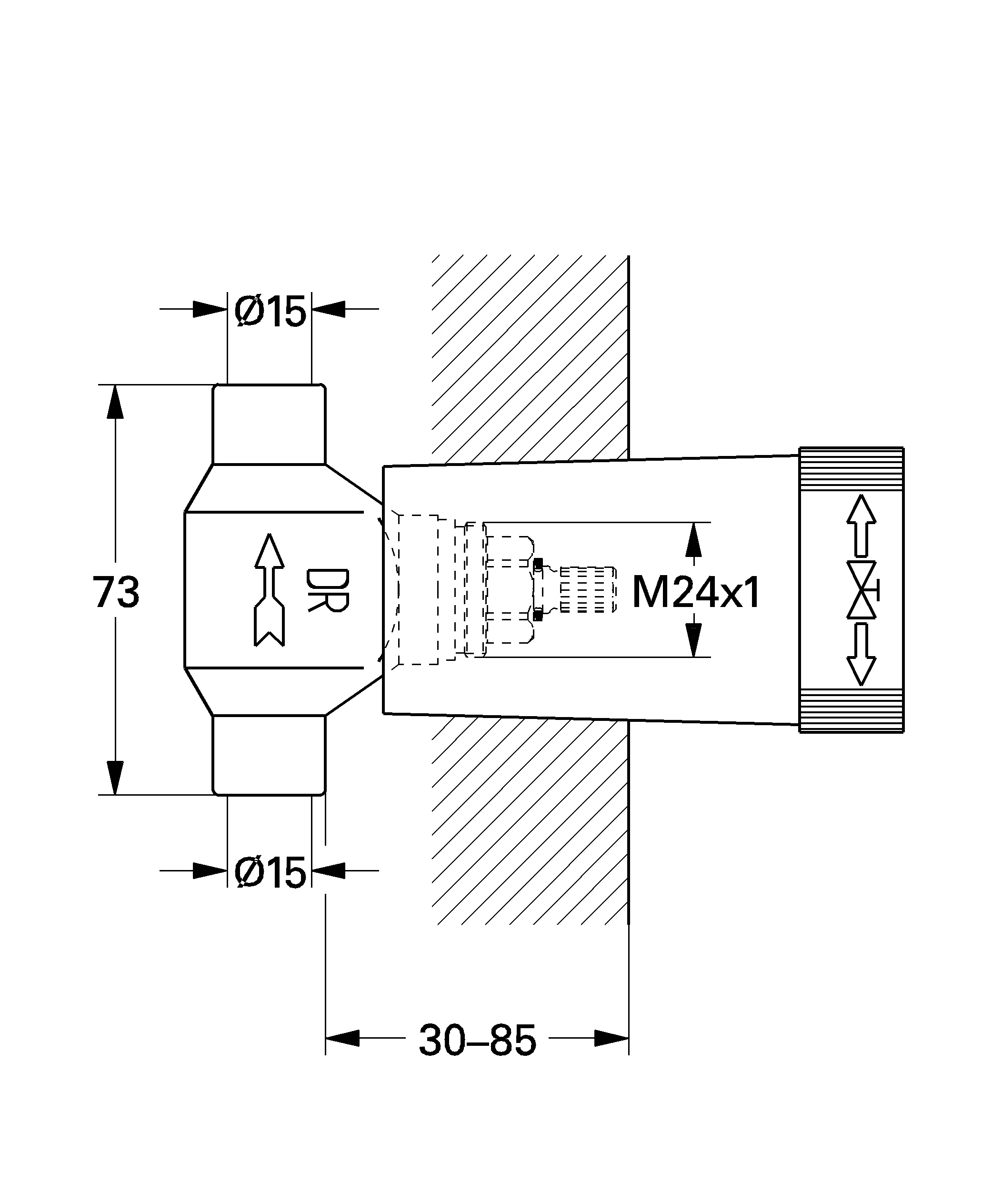 Unterputz-Ventil-Unterteil 29801, DN 15, vormontiertes Oberteil 1/2″, kurze Spindel, Lötanschluss ⌀15 mm