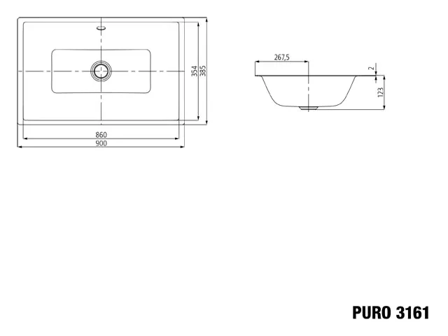 Unterbauwaschtisch „Puro“ 90 × 38,5 cm, ohne Hahnlochbohrung in schwarz matt, mit Perl-Effekt
