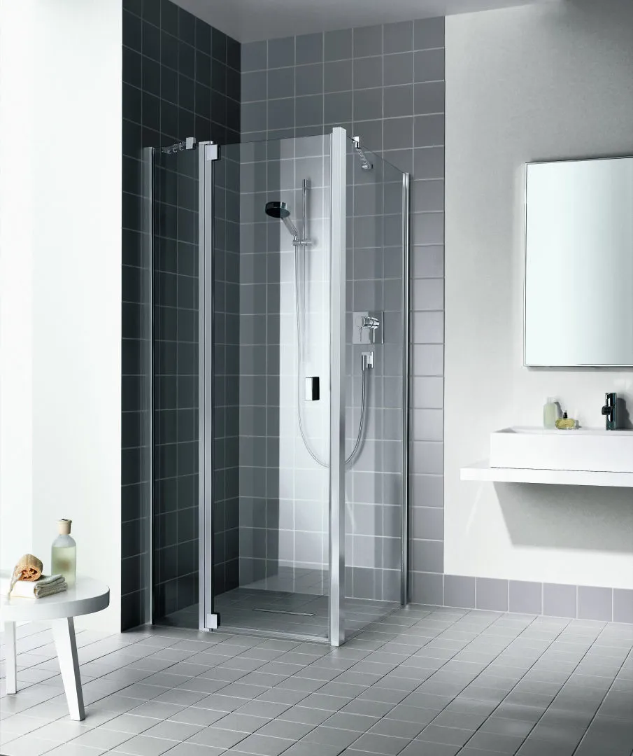 Kermi Pendeltür 1-flügelig mit Festfeld links für Nische und Ecke „RAYA“ Glas Klar, Profile Silber Mattglanz, BV: 843 - 883 mm GAK: 830 - 860 mm WE: 843 - 883 mm H: 2000 mm Kermi Pendeltür 1-flügelig mit Festfeld links für Nische und Ecke „RAYA“ Glas Klar, Profile Silber Mattglanz, BV: 843 - 883 mm GAK: 830 - 860 mm WE: 843 - 883 mm H: 2000 mm