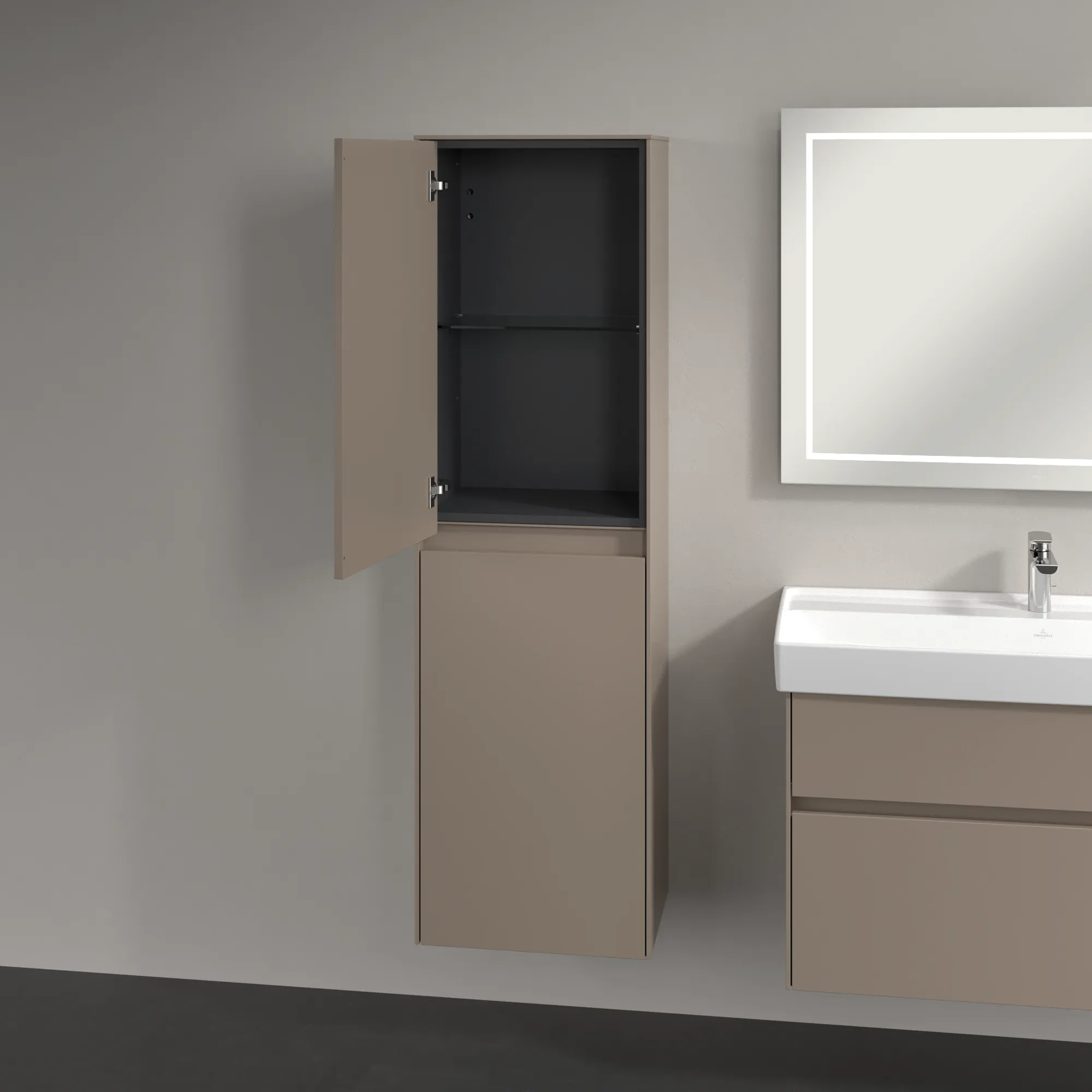 Villeroy & Boch Hochschrank Collaro C03400, Eckig, Taupe, 1.538 mm Höhe, 454 x 347 mm Maße, 2 Türen mit SoftClosing, integrierte Aluminiumgriffe Villeroy & Boch Hochschrank Collaro C03400, Eckig, Taupe, 1.538 mm Höhe, 454 x 347 mm Maße, 2 Türen mit SoftClosing, integrierte Aluminiumgriffe