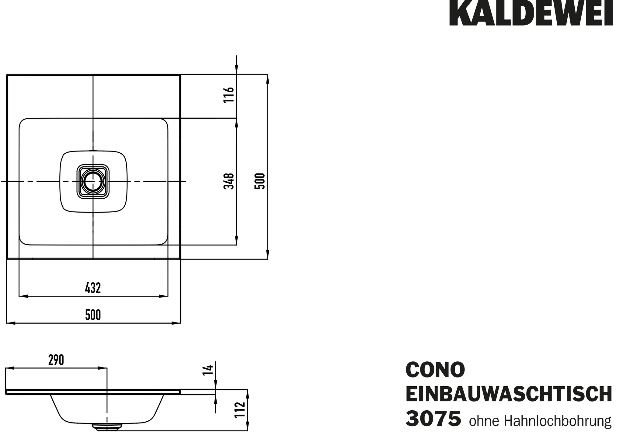 Kaldewei CONO Einbauwaschtisch, alpinweiß, 500x500 mm, Randhöhe 14 mm, ohne Überlauf, Perl-Effekt, Antidröhn, 1x 1er Hahnlochbohrung