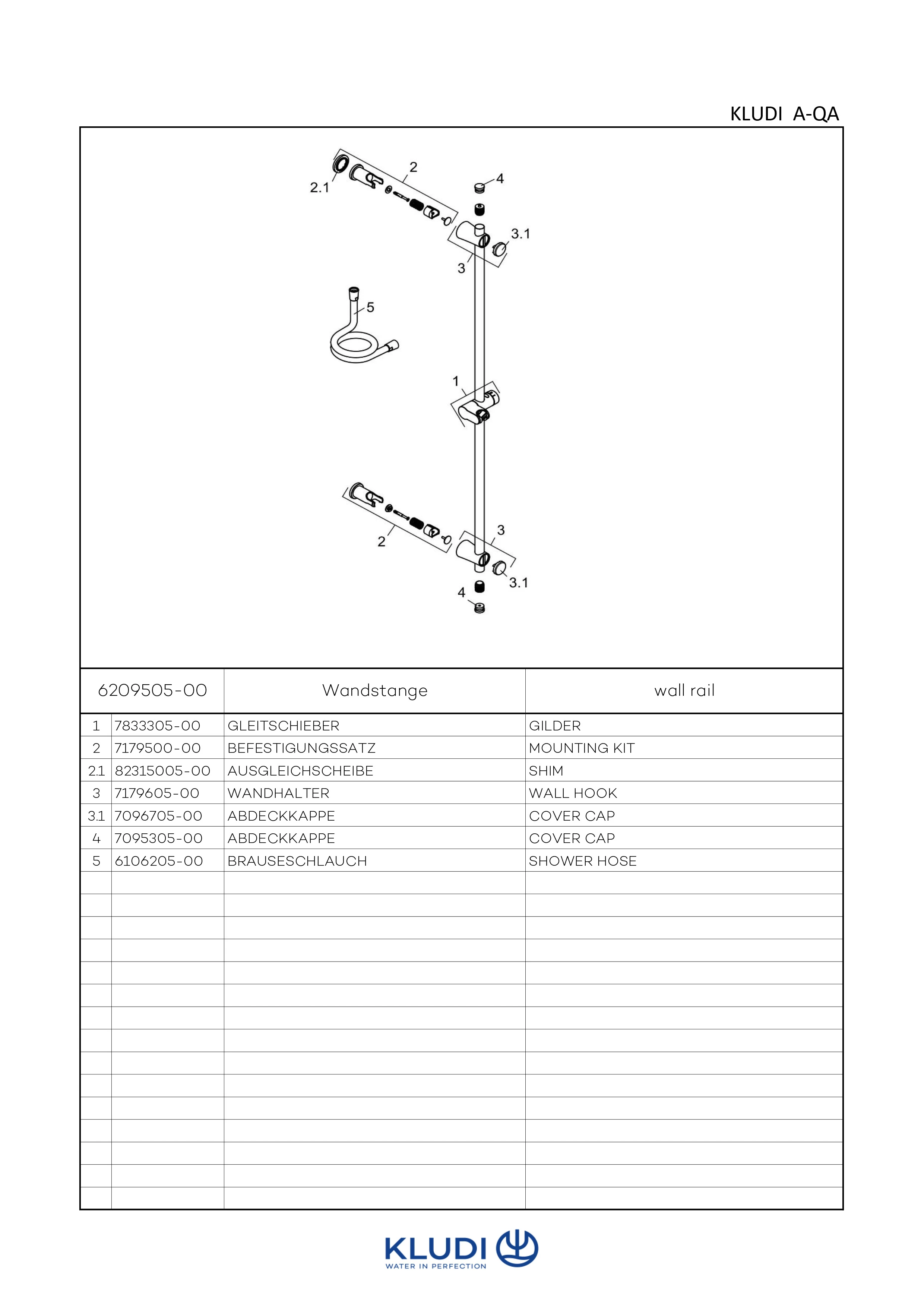 A-QA v Wandstange L 1100mm mit Schlauch chrom