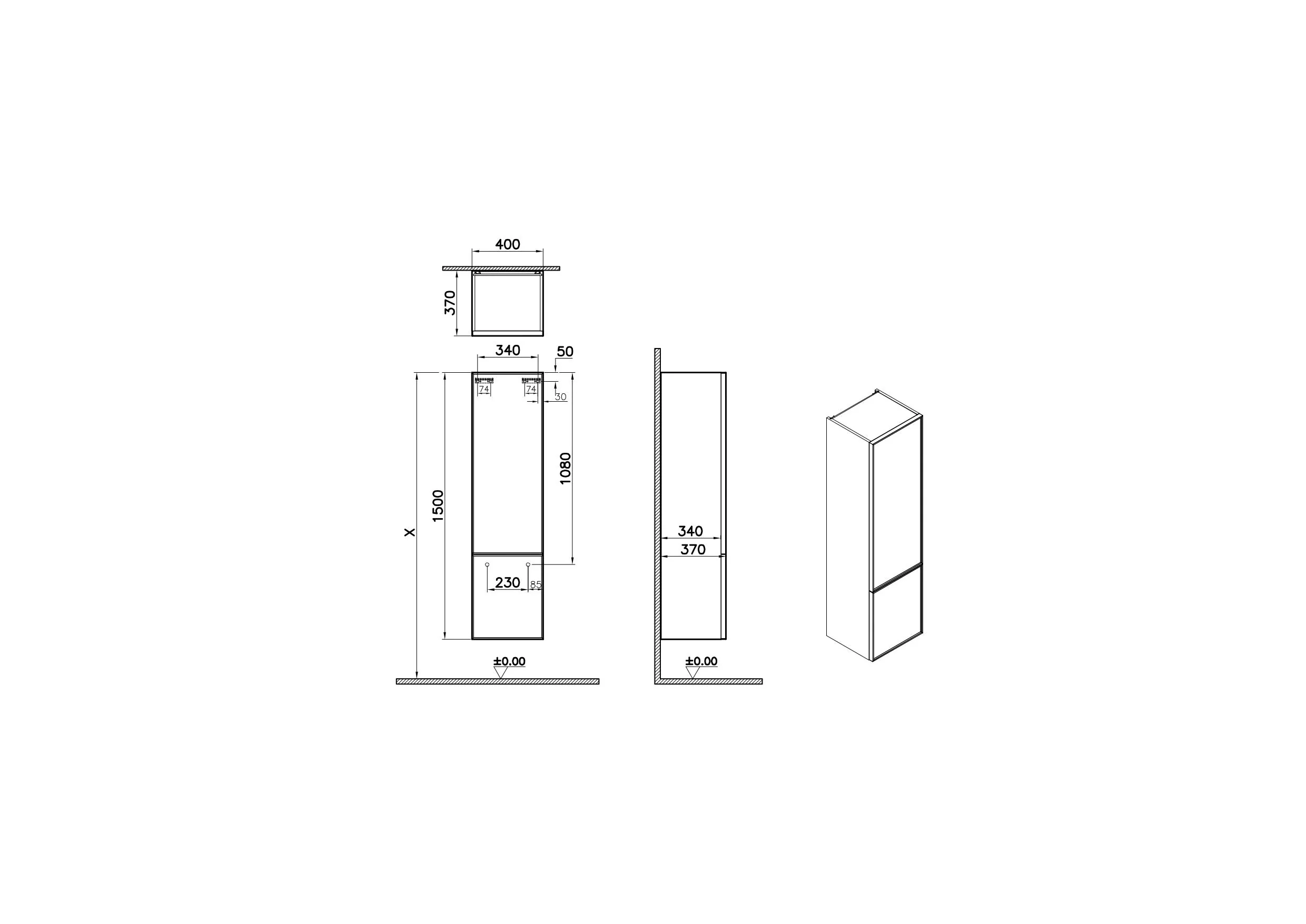New Metropole Edge Hochschrank mit 2 Türen mit Türanschlag rechts 40 x 37 x 150 cm (BxTxH) Echtholzfurnier Walnuss