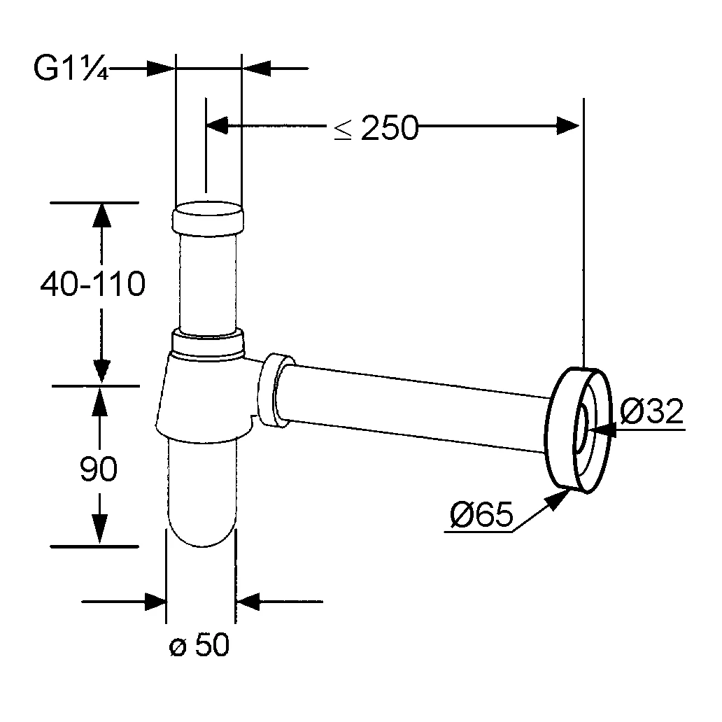 Tassen-Sifon DN 32 1 1/4 × 32mm chrom