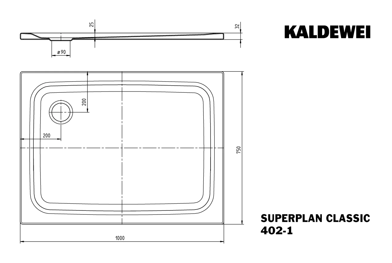 Kaldewei SUPERPLAN CLASSIC Duschfläche, alpinweiß, 750 x 1000 mm, 25 mm tief, Eckablauf, bodeneben