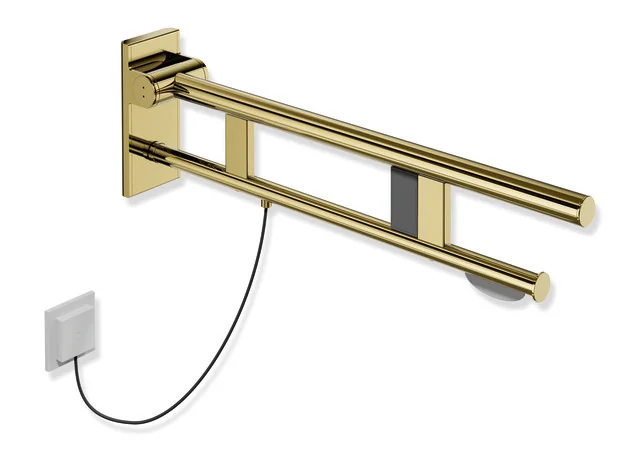HEWI Stützklappgriff Duo System 900, Design A, Edelstahl PVD gold glänzend, Ausladung 700 mm, mit WC-Papierhalter und Spülauslösung rechts