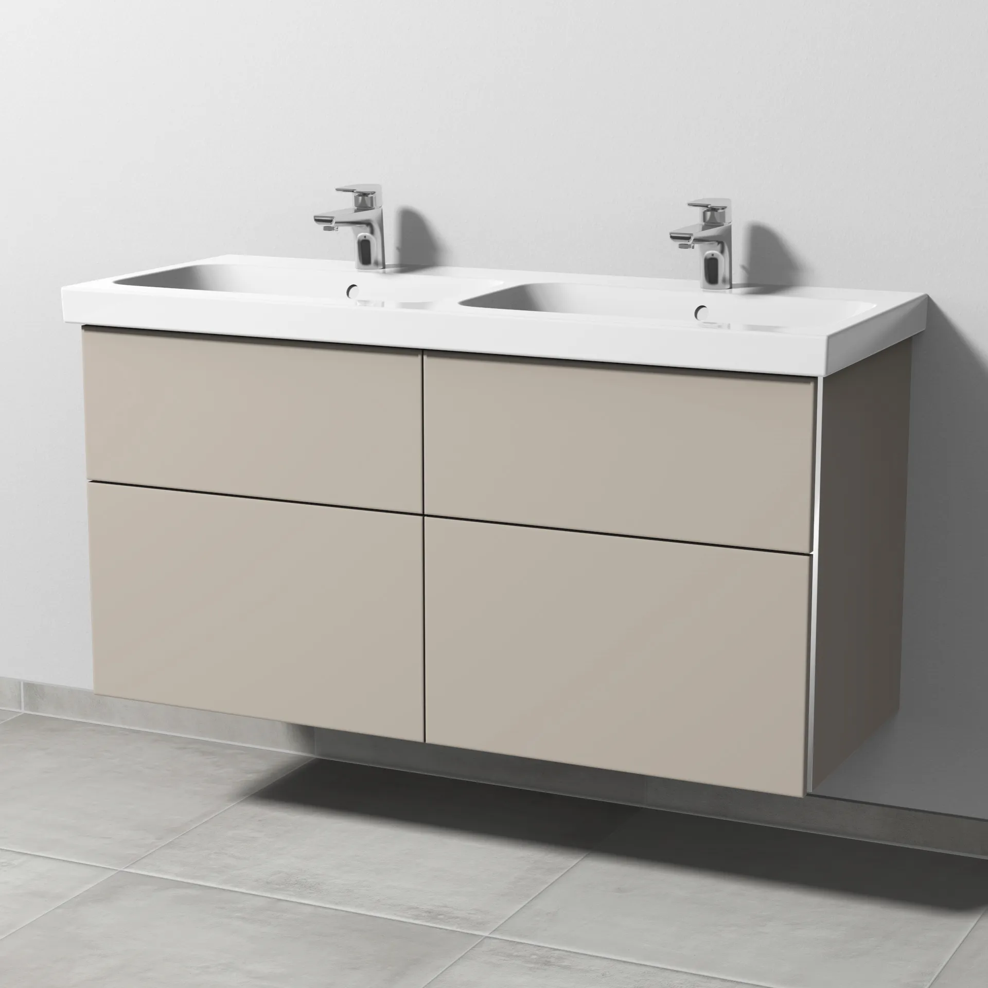 Sanipa Waschtischunterschrank „3way“ passend zu Keramik-Waschtische iCon Light von Geberit 1150 × 591 × 462 mm in Kaschmir (matt), Becken links und rechts, mit Hahnlochbohrung