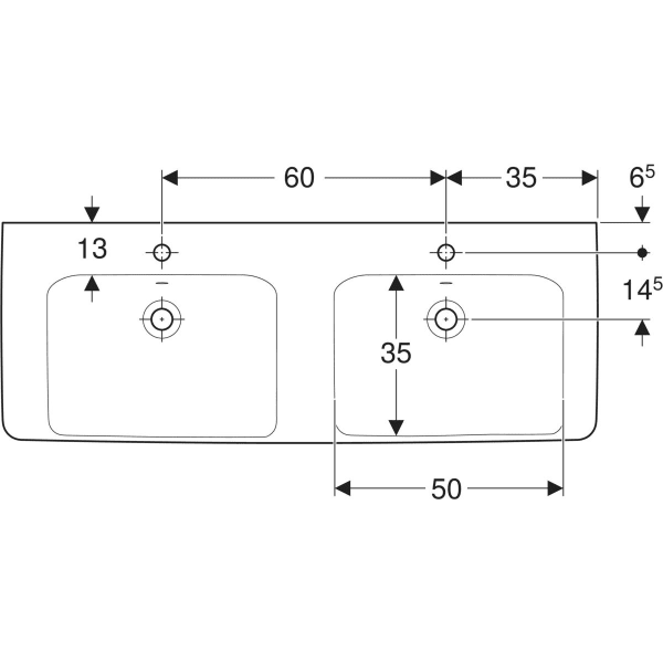 Wandwaschtisch „Renova Plan“, rechteckig, Hahnlochposition links und rechts 130 × 48 cm in weiß alpin