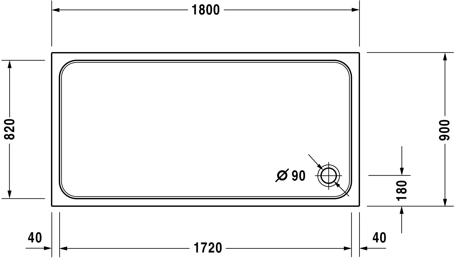 Duravit rechteck Duschwanne „D-Code“ 180 × 90 cm 