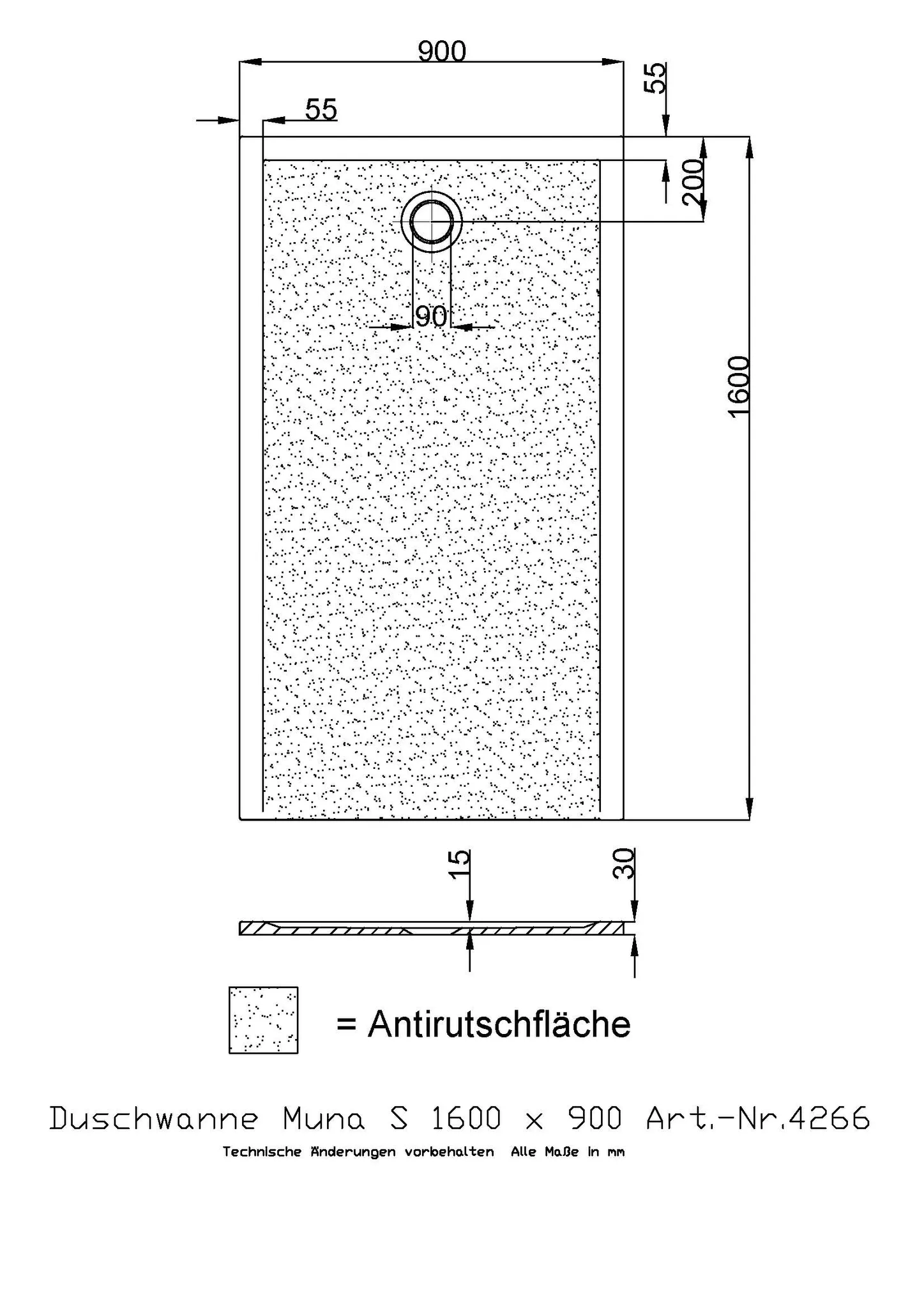 Duschwanne „Muna S“ Rechteck 160 × 90 cm in Weiß