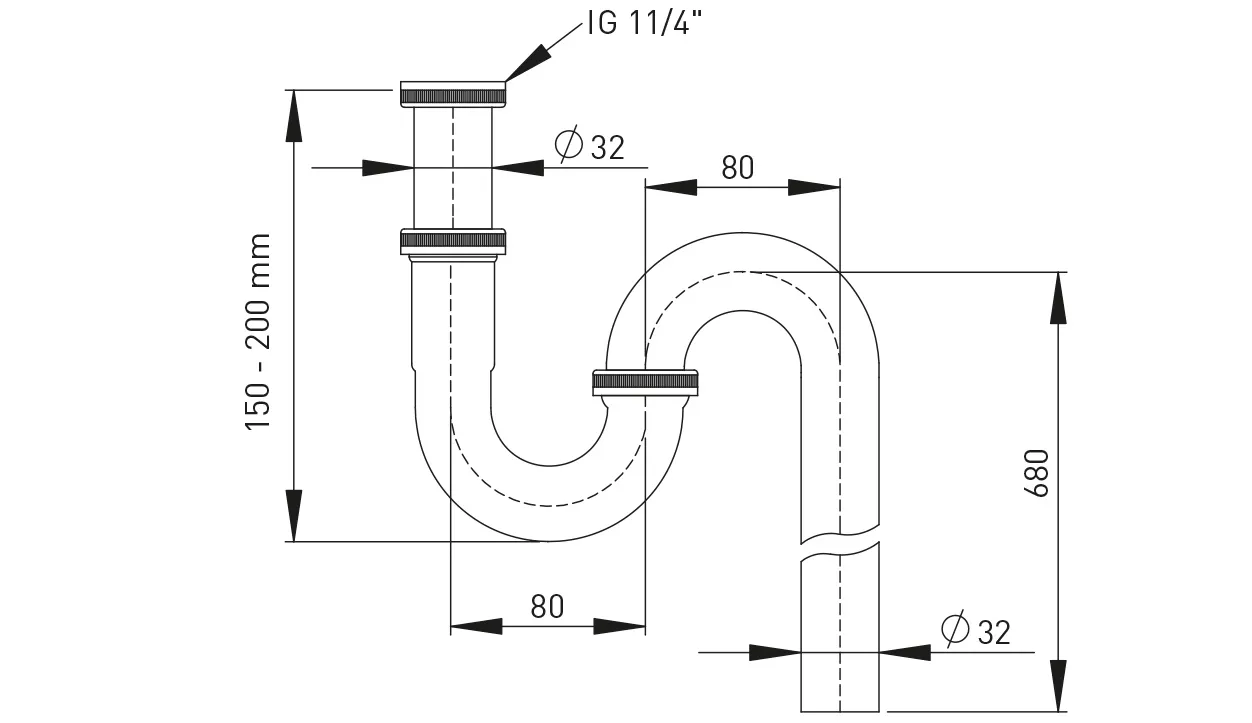 Geruchverschluss Messing vc 1 1/4″ x 32 mit Abgangsbogen senkrecht 680 mm Geruchverschluss Messing vc 1 1/4″ x 32 mit Abgangsbogen senkrecht 680 mm