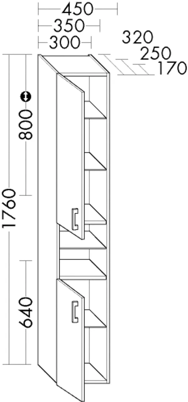 Hochschrank, 2 Türen;4 Glaseinlegeböden;2 feste Böden, Tiefe: 250 mm, Breite: 350 mm, Höhe: 1760 mm
