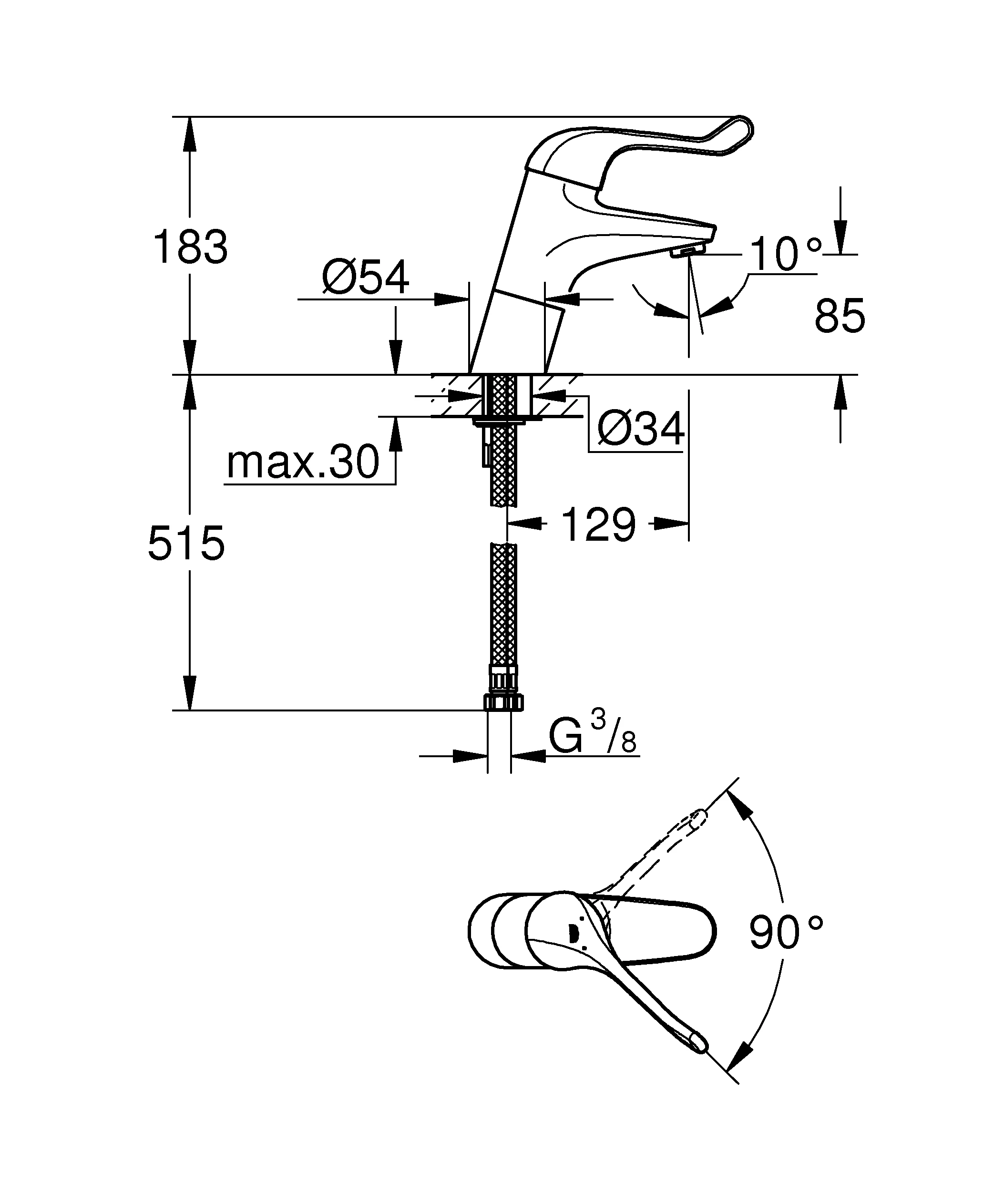 Einhand-Sicherheitsmisch-Waschtischbatterie Euroeco Special 32790, Einlochmontage, glatter Körper, Auslaufhöhe 85 mm, Hebellänge 120 mm, chrom