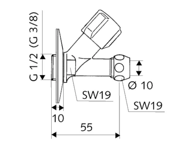 Schrägsitzventil COMFORT, COMFORT-Griff, Rosette Ø 54 mm (Tiefe 3 mm), DN 15 G 1/2 AG, Ø 10 mm (DN 10 G 3/8 AG), chrom