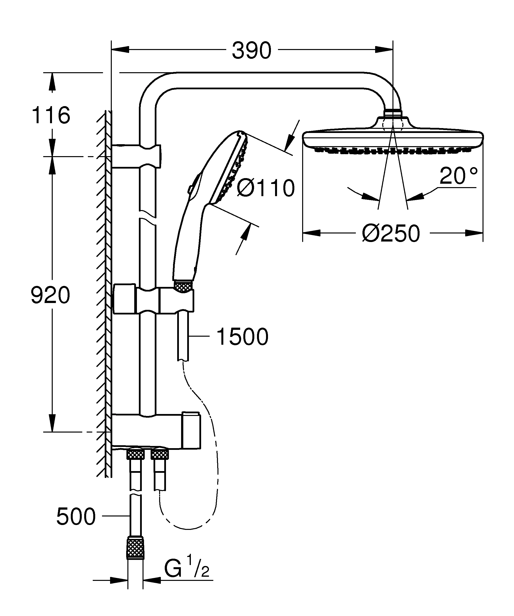 Duschsystem Tempesta 250 26675_1, mit Umstellung, Wandmontage, Kopfbrause Tempesta 250, Kopfbrause Tempesta 250 (26 666), 2 Strahlarten, Handbrause Tempesta 110, 3 Strahlarten, Water Saving, maximaler Durchfluss (bei 3 bar): 8.5 l/min, chrom