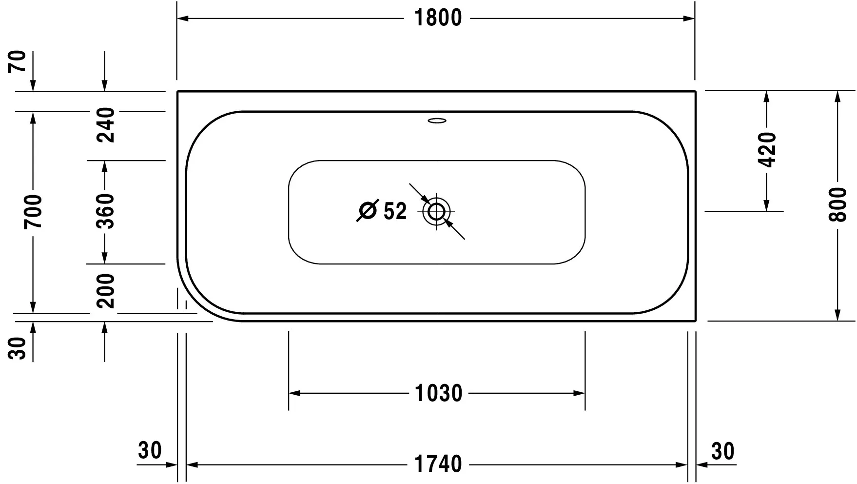 Duravit Badewanne „Happy D.2“ vorwand rechteck 180 × 80 cm, rechts