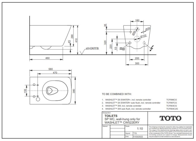 Toto Wand-Tiefspül-WC SP für WASHLET SX und SW wandhängend, randlos mit TORNADO FLUSH weiß - SONDERANGEBOT CW522ERY
