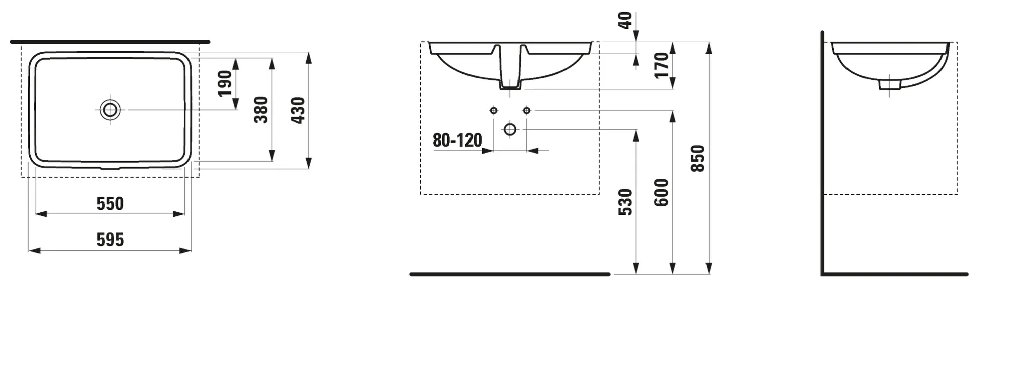 Einbauwaschtisch von unten PRO S 430x595x170 ohne Hahnloch mit Überlauf weiß