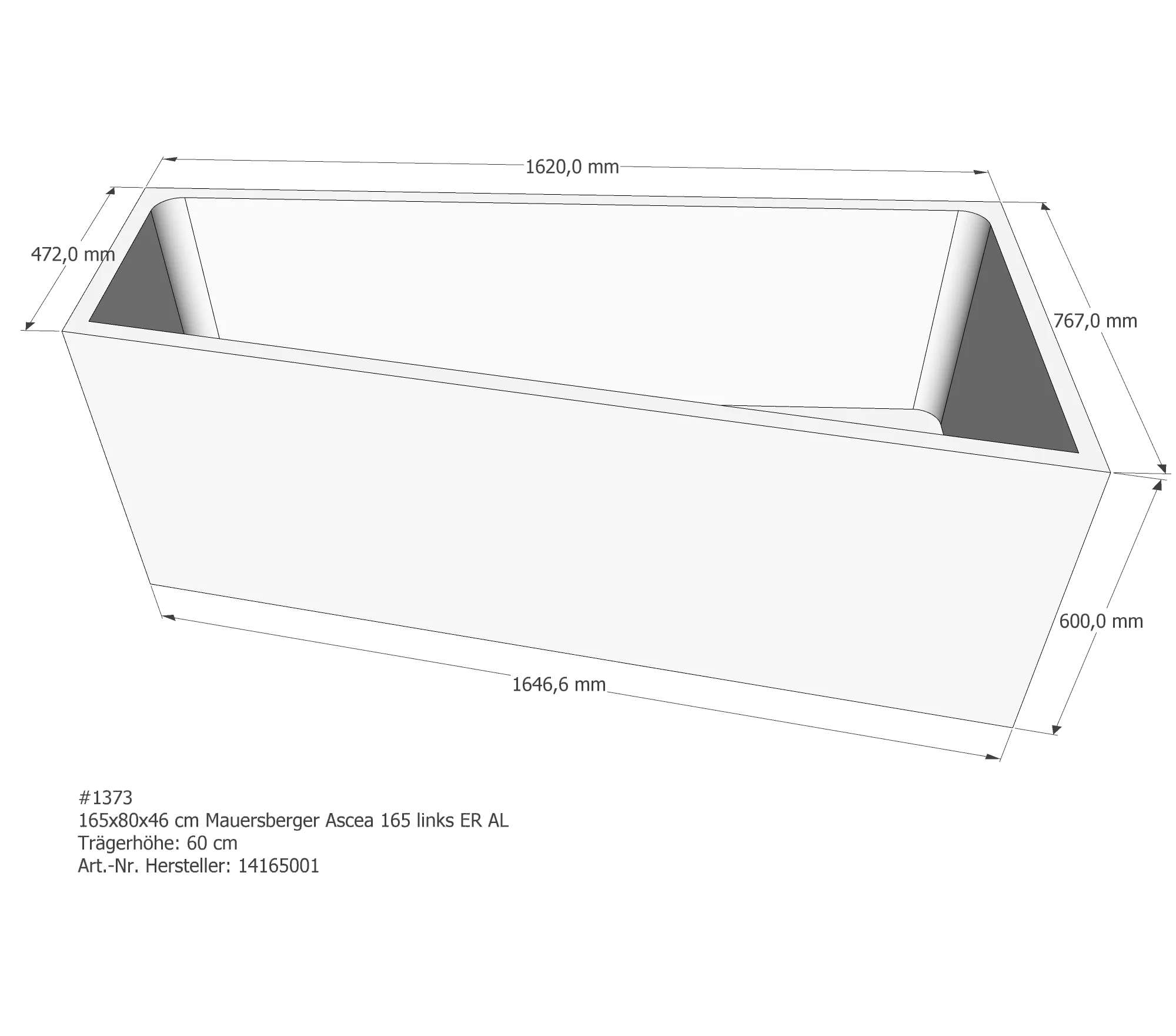 Badewannenträger für Mauersberger Ascea 165 links links 165 × 80 × 46 cm Badewannenträger für Mauersberger Ascea 165 links links 165 × 80 × 46 cm
