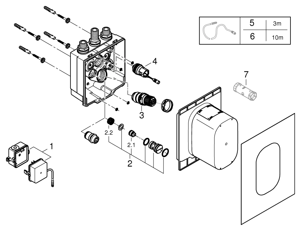 Unterputzkörper Eurosmart CE 36416_1, für Brause, für 36 415 und 36 463, mit verdeckter, voreinstellbarer thermostatischer Mischung, Trafo 230 V, mit Dichtmanschette, für normgerechte Wanddurchführung bei Wassereinwirkung nach DIN 18534:2017,