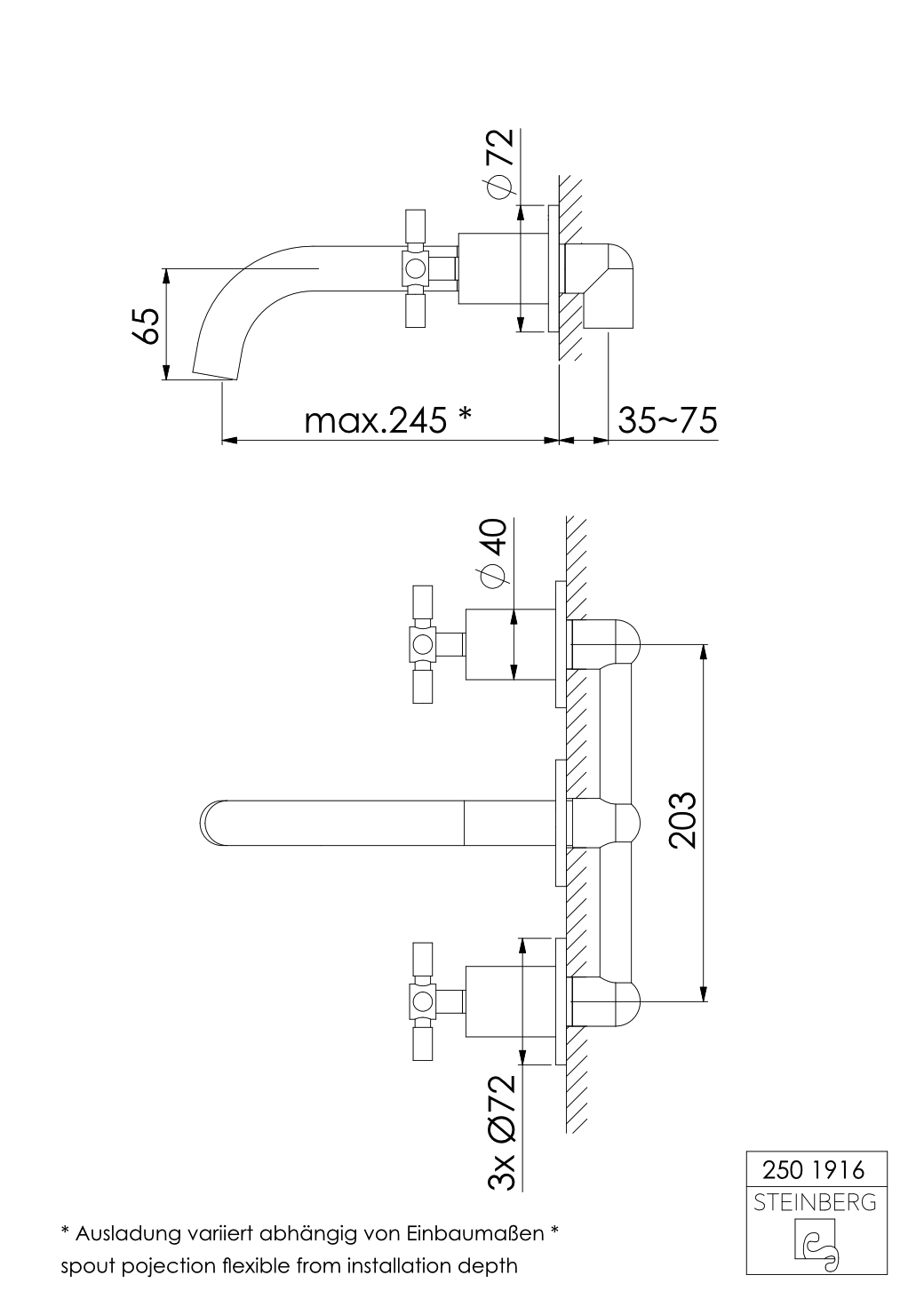 Serie 250 3-Loch Waschtisch-Armatur zur Wandmontage, Ausladung: 24,5 cm Serie 250 3-Loch Waschtisch-Armatur zur Wandmontage, Ausladung: 24,5 cm