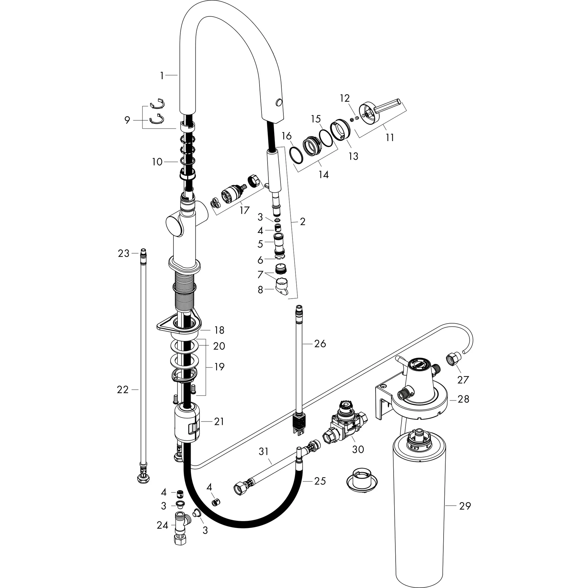 Hansgrohe Aqittura M91 FilterSystem 210, Ausziehauslauf, Edelstahl-optik, 35 mm Hahnlochbohrung, bis zu 50 cm Auszugslänge