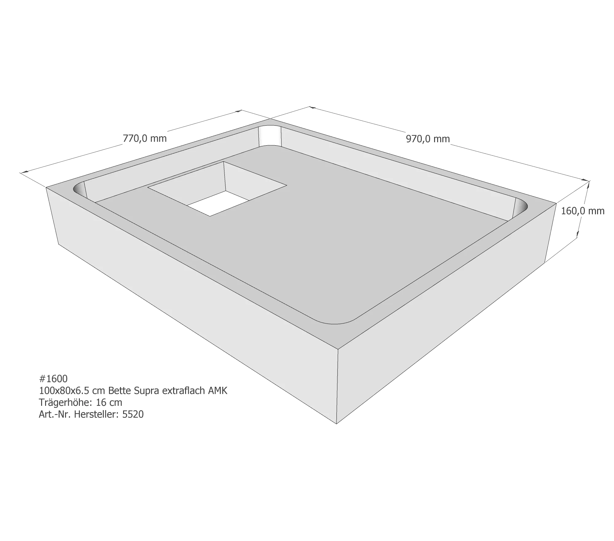 Duschwannenträger für Bette Supra (extraflach) 100 × 80 × 6,5 cm Breite: 80 cm / Länge: 100 cm