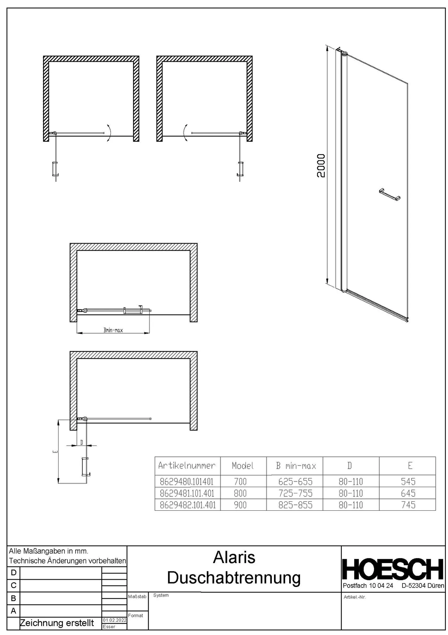 Hoesch Walk-In-Duschkabine für Nische „Alaris“ Profile eloxal silber, Anschlag links und rechts, Drehtür einteilig H: 2000 mm