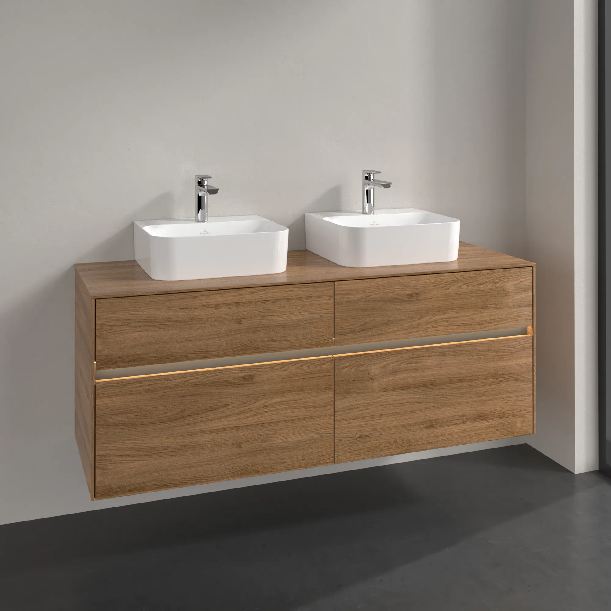 Villeroy & Boch Waschtischunterschrank „Collaro“ 1400 × 548 × 500 mm Kansas Oak, mit Beleuchtung, für links und rechts Villeroy & Boch Waschtischunterschrank „Collaro“ 1400 × 548 × 500 mm Kansas Oak, mit Beleuchtung, für links und rechts