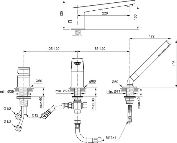 Ideal Standard Tonic II 3-Loch-Badearmatur mit Wanneneinlauf und Handbrause, Chrom Ideal Standard Tonic II 3-Loch-Badearmatur mit Wanneneinlauf und Handbrause, Chrom