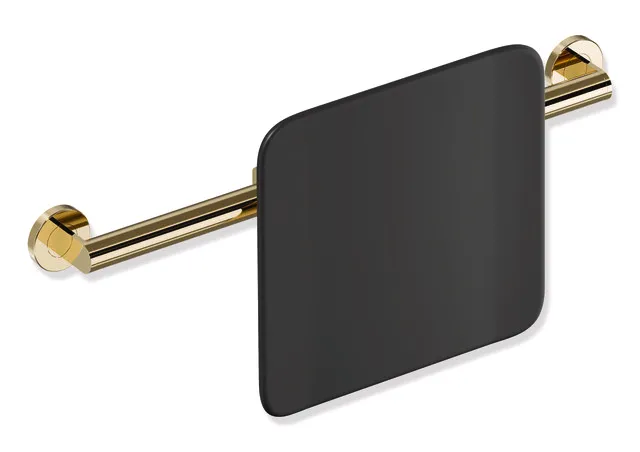 Rückenstütze des Systems 900, Anbindung aus Edelstahl, PVD, Lehne aus Kunststoff, schwarz, Achsmaß von 582 bis 682 mm bauseits verstellbar, T: 150 mm, zur Wandmontage, in Farbe CK (Messing glänzend) Rückenstütze des Systems 900, Anbindung aus Edelstahl, PVD, Lehne aus Kunststoff, schwarz, Achsmaß von 582 bis 682 mm bauseits verstellbar, T: 150 mm, zur Wandmontage, in Farbe CK (Messing glänzend)