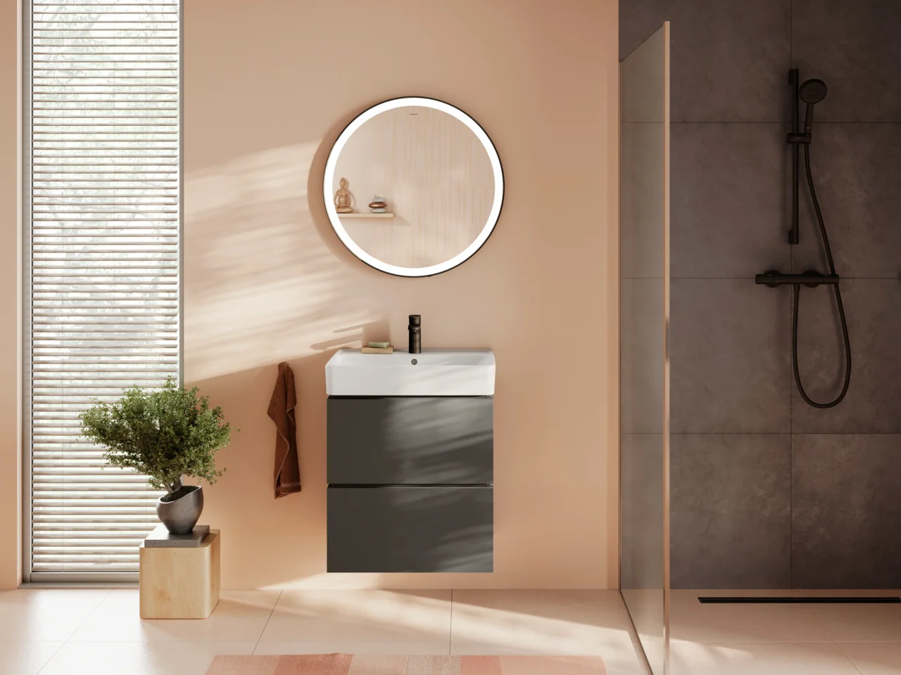 Hansgrohe Xarita Lite S Spiegel mit runder LED-Beleuchtung IR Sensor MSW, Mattschwarz, Maße: 700 x 700 x 30 mm
