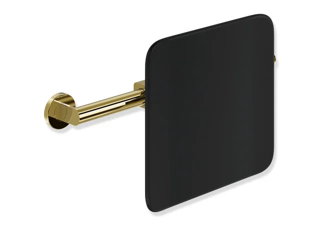 HEWI Rückensstütze System 900, PVD Gold glänzend, Tiefe 150 mm, Achsmaß 478–578 mm verstellbar, Wandmontage, Edelstahl-Anbindung, schwarze Lehne HEWI Rückensstütze System 900, PVD Gold glänzend, Tiefe 150 mm, Achsmaß 478–578 mm verstellbar, Wandmontage, Edelstahl-Anbindung, schwarze Lehne