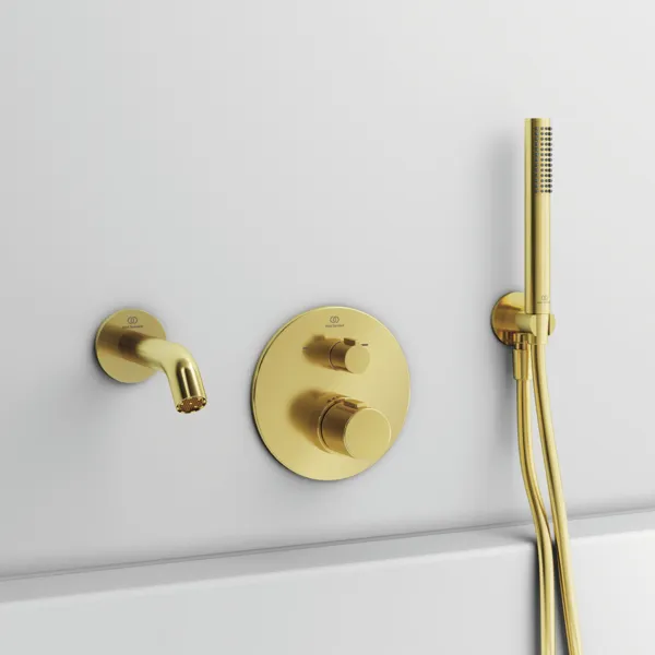 Wandhalter Idealrain Atelier, mit runder Rosette, für Handbrause und Brauseschlauch G1/2, Brushed Gold