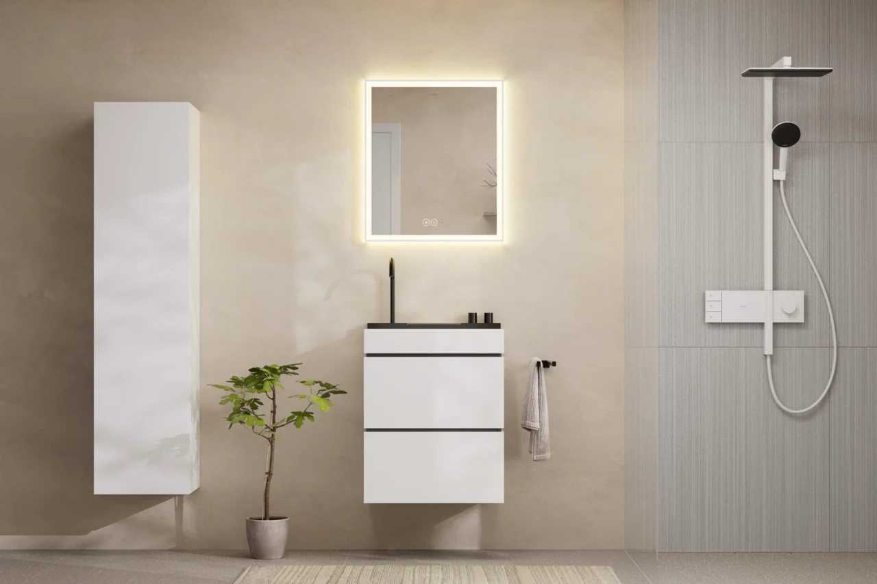 Hansgrohe Xarita E Spiegel 600/700/50, Mattweiß, LED-Beleuchtung mit kapazitivem Berührungssensor, AntiFog-Spiegelheizung