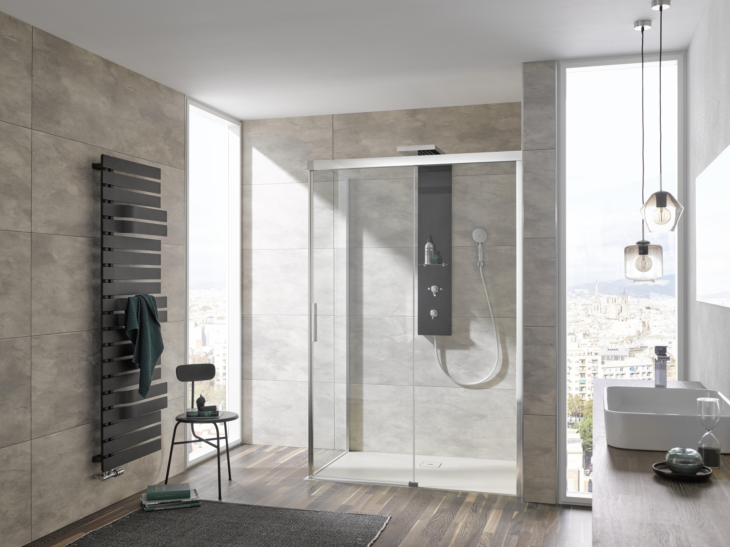 HSK teilgerahmte Duschabtrennung Schiebetür 2-teilig mit Seitenteil „Atelier Plan“ mit Exzenterprofil und Softclose Glas Chinchilla, Profile Schwarz-matt, B: 1000 mm H: 2060 mm T: 900 mm HSK teilgerahmte Duschabtrennung Schiebetür 2-teilig mit Seitenteil „Atelier Plan“ mit Exzenterprofil und Softclose Glas Chinchilla, Profile Schwarz-matt, B: 1000 mm H: 2060 mm T: 900 mm