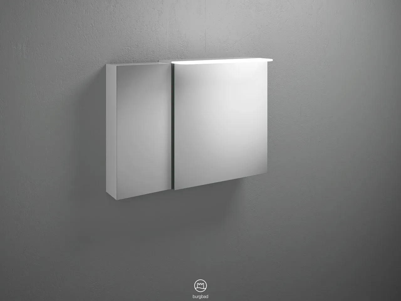 Spiegelschrank Badu von burgbad - 900 mm breit, 310 mm tief, 665 mm hoch mit LED-Aufsatzleuchte und beidseitig verspiegelten Spiegeltüren