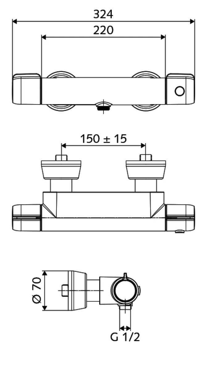 Aufputz-Duscharmatur MODUS MD-T, Mischwasser, Thermostat, Auf/Zu-Aufputz-Duscharmatur, 2x DN 15 G 1/2 AG, DN 15 G 1/2 AG (unten), chrom