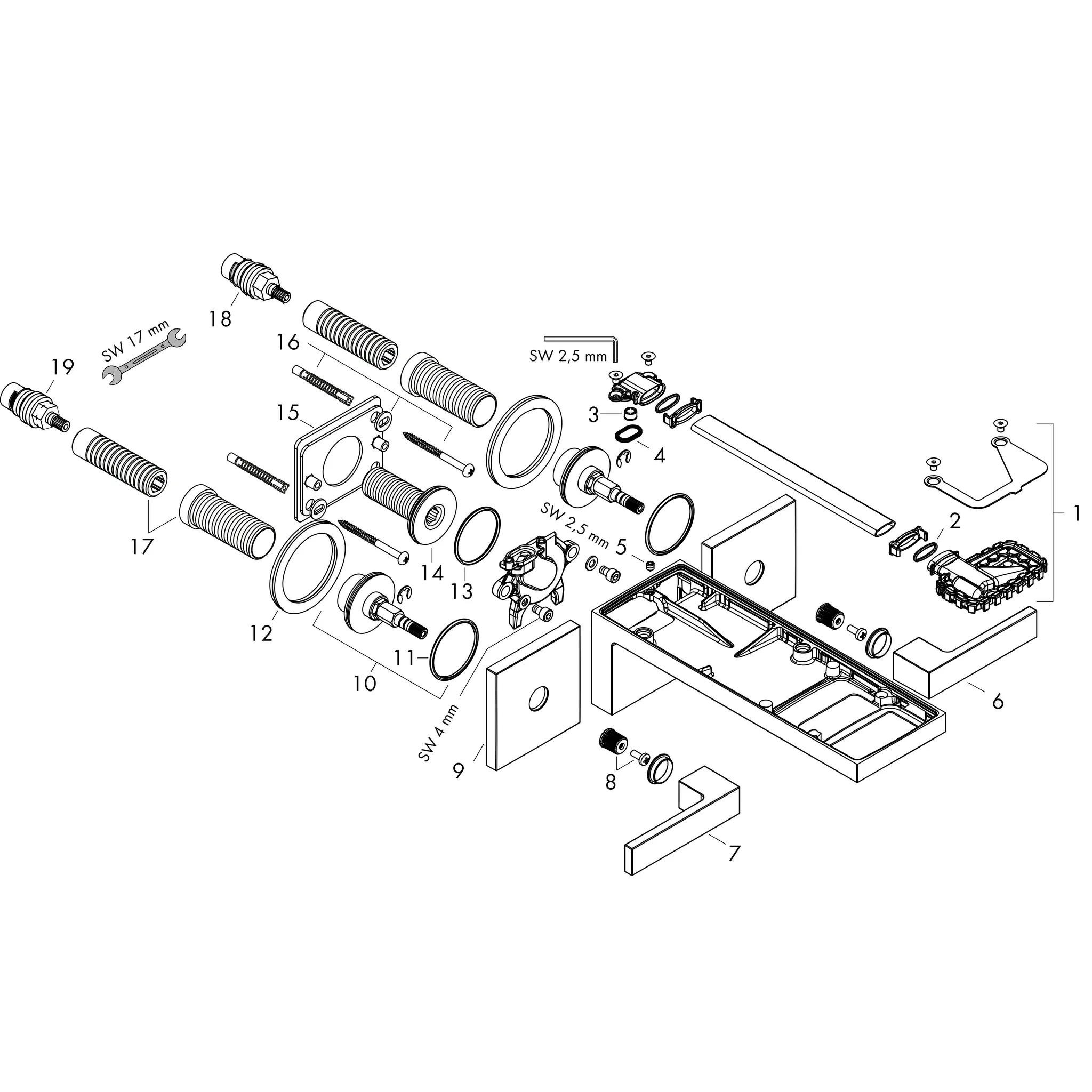 Hansgrohe AXOR MyEdition 3-Loch Waschtischarmatur Unterputz Wandmontage mattschwarz, Ausladung 221 mm, Hebelgriff, PowderRain Strahlart, max. Durchfluss 5 l/min