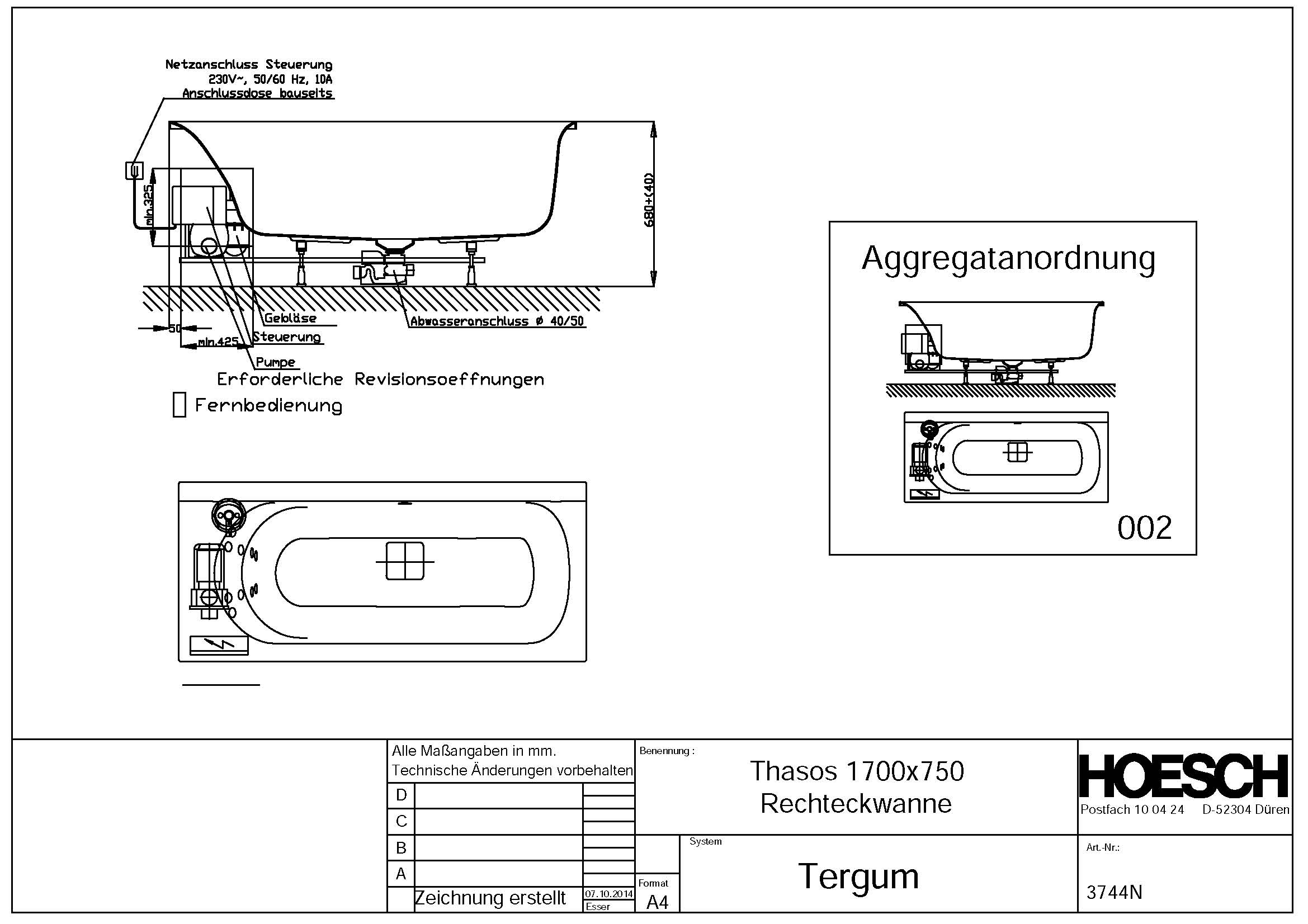 Hoesch Whirlwanne „Thasos“ mit Whirlsystem „Tergum“ rechteck 170 × 75 cm in 